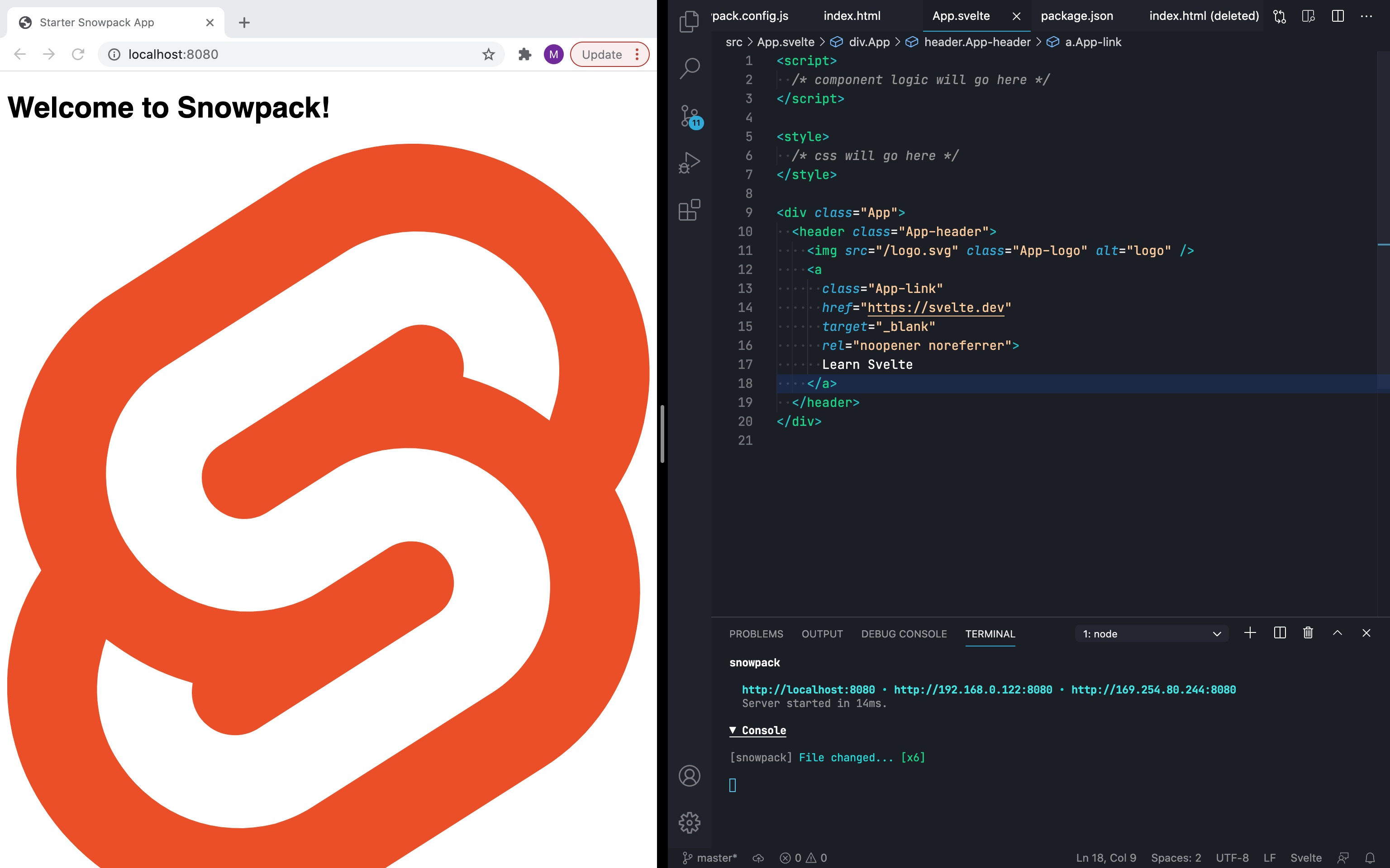 Side by side of code and site. The site now has a very large Svelte logo. The code shows the src/App.svelte file